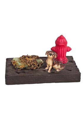 Hagen Renaker Dachshund Puppy Dog Red Fire Hydrant On Wood Miniature Figurine